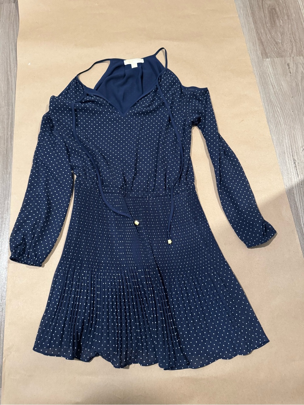 Michael Kors Navy Blue Polka Dot Pleated Long Sleeve Dress Size-S